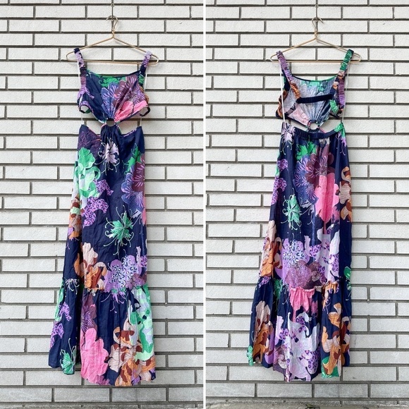 Anthropologie Maeve Cut-Out Maxi Dress Navy Blue Floral Print - Picture 3 of 14